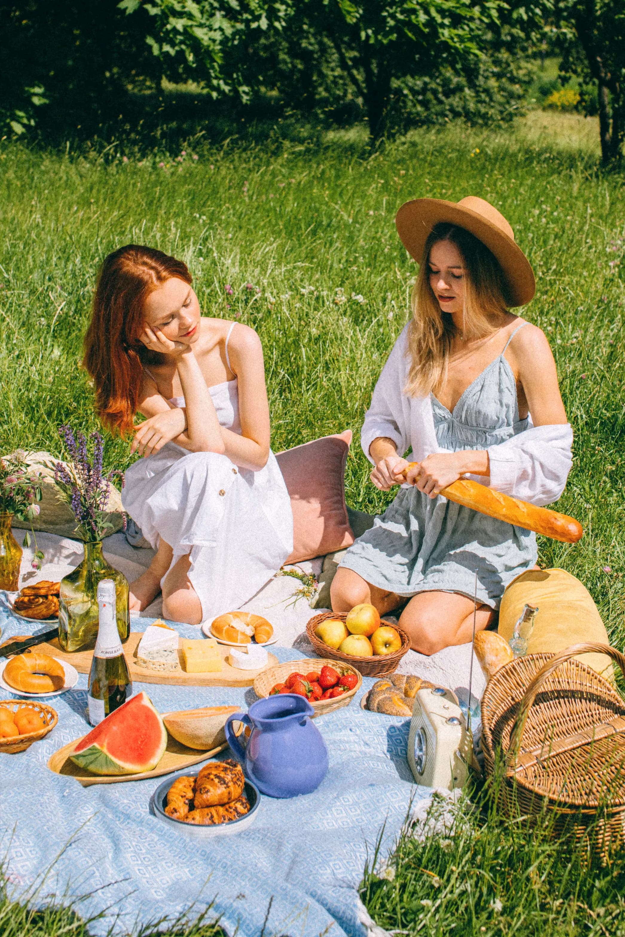 Outdoor picnic spread with food